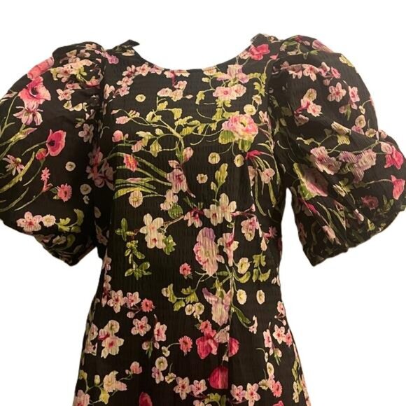 H&M Black Floral Puff Sleeve Cutout Back Bow Mini‎ Dress EUR S - Picture 5 of 5